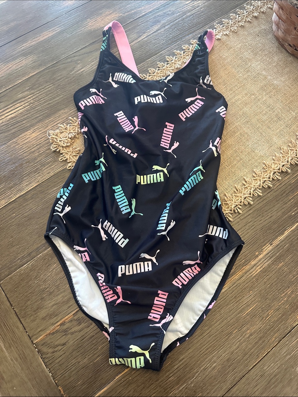 Kids Puma Black One-Piece Swimsuit with Pink, Mint & Yellow Logos